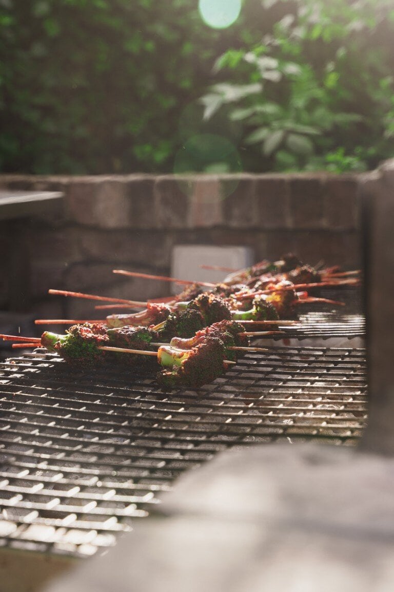 Grilled meat skewers on barbecue grill with lush garden background.