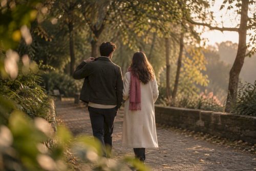 Couple wearing coordinated engagement outfits outdoors