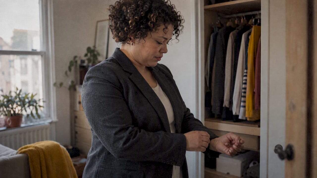 Professional checking the fit of her blazer